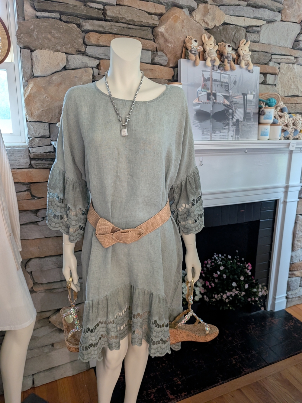 Light Sage Embroidered Linen Dress with Belt